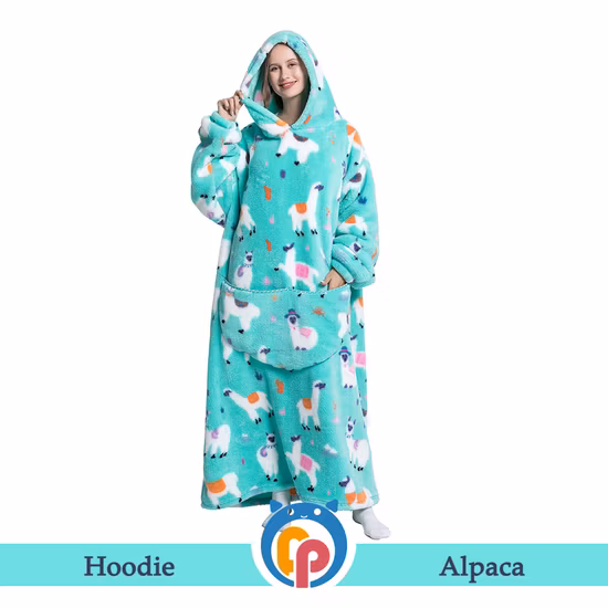 Clubwear Alpaca Cartoon Pattern Christmas Gifts Women Winter Oversized Hooded Blanket with Long Sleeve